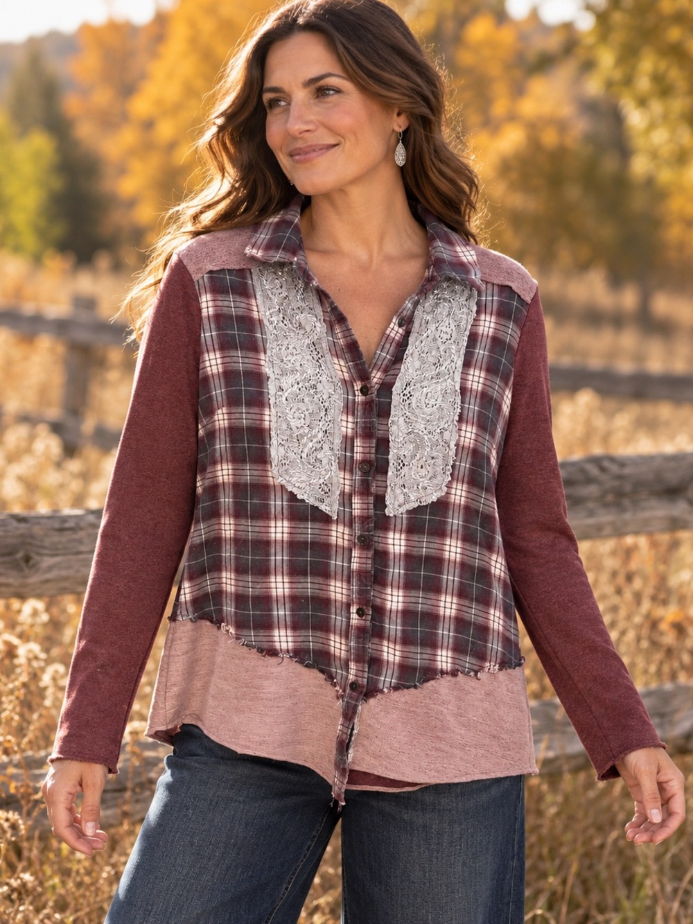 Gimmicks by BKE Small Plaid Lace Patchwork Flannel Shirt Burgundy Boho Fall